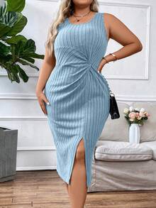 Calvaya 大尺碼女士夏季修身圓領無袖腰部扭結前裙擺開叉休閒裙 - 藍色 - 查看 3