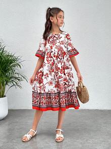 SHEIN 少女編織花卉圓領Fit-And-Flare度假洋裝 - 紅色 - 查看 5