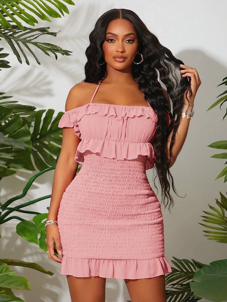 Women Summer Holiday Off-Shoulder Ruffle Trimmed And Strap Tie Bodycon Dress