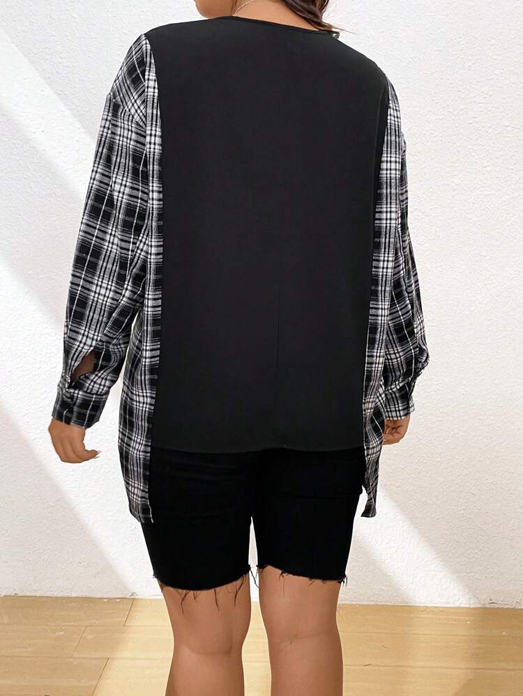 Plus Size Casual Plaid Spliced Cartoon Slogan Print 2 In 1 Shirt