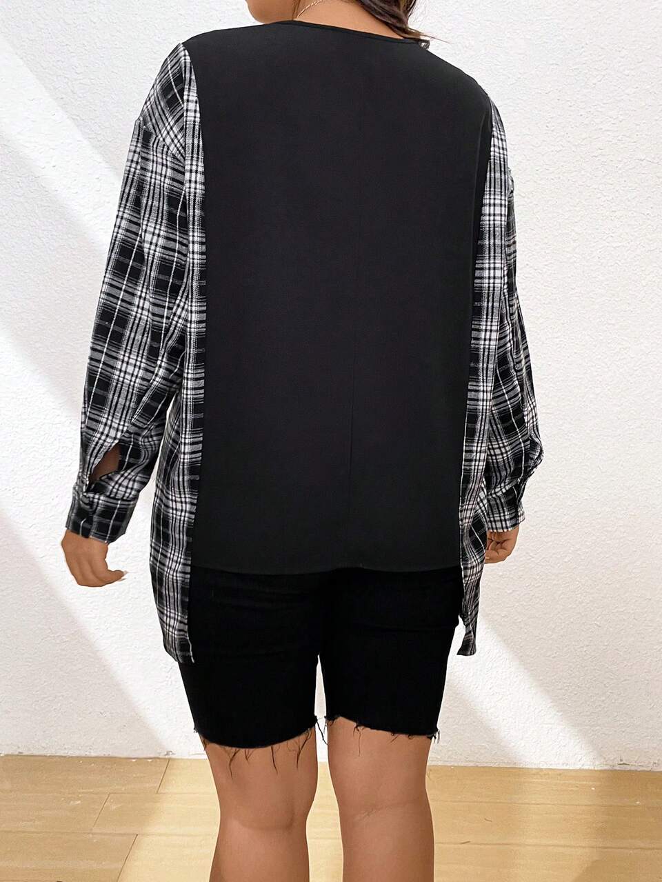 Plus Size Casual Plaid Spliced Cartoon Slogan Print 2 In 1 Shirt
