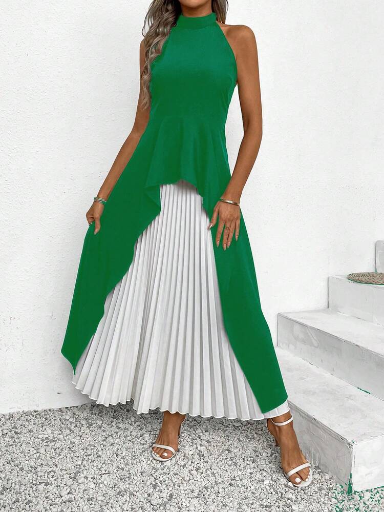 Women Summer Solid Color Stand Collar Asymmetrical Hem Halter Top And Long Pleated Skirt Set