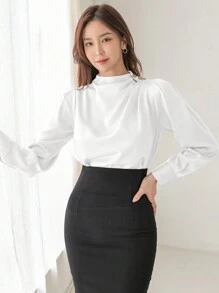 DAZY 女士纯色褶皱长袖衬衫春季女装工作服，秋季女装 - 白色 - 查看 5