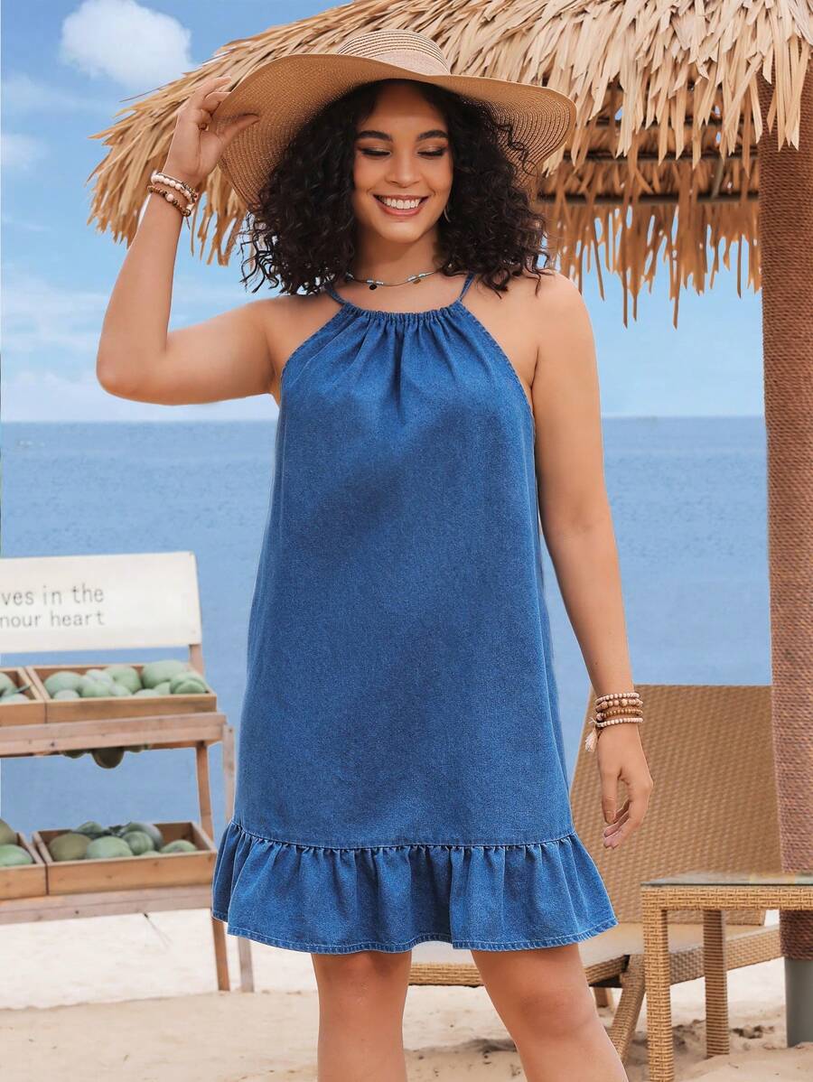 Breezaya Plus Size Summer Vacation Ruffled Hem Halter Neck Sleeveless Dress For Summer Holiday - Blue - View 1