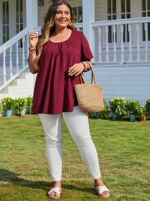 EMERY ROSE Plus Size Women's Round Collar Wrinkle Burgundy Top Mother's Day - Burgundy - View 5