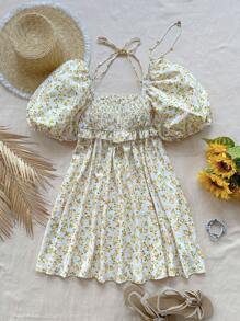 Soleia Women's Summer Vacation Romantic Countryside Princess Style Puff Sleeve Square Neckline Colorful Floral Printed Tiered Dress With Ruffle Trimmed