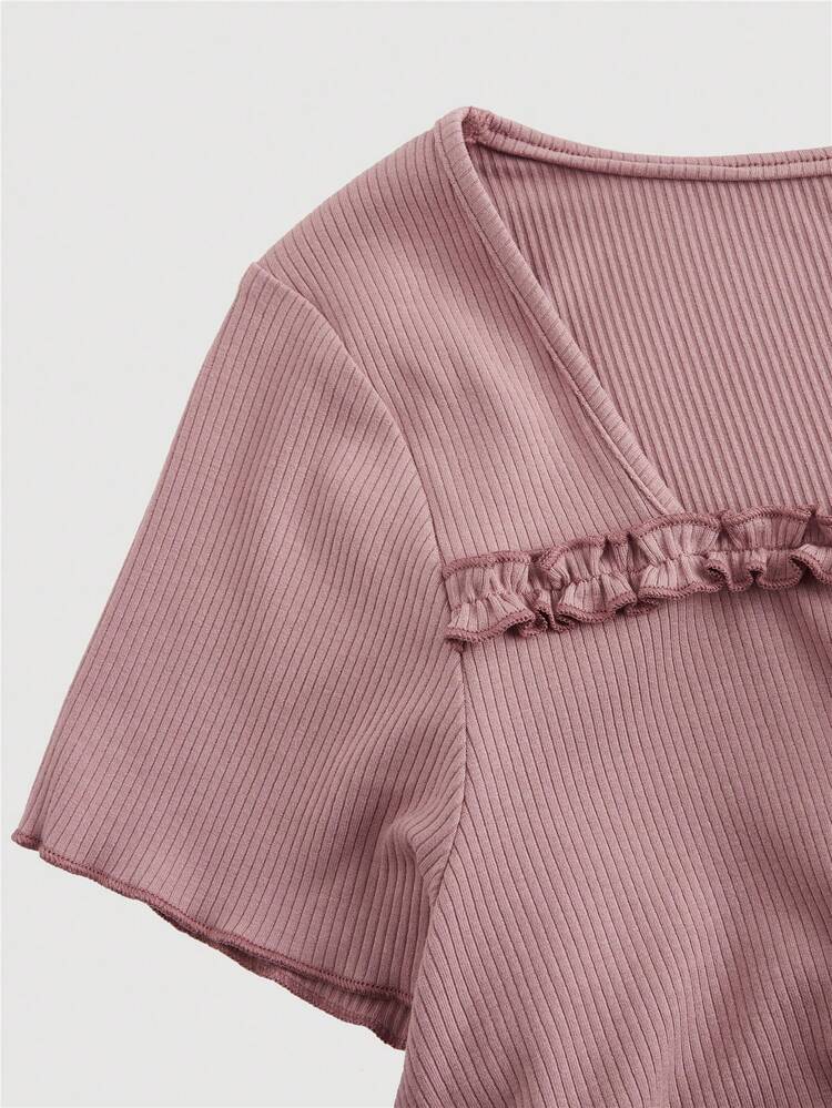 Plus Size Summer 3D Rose Flower & Ruffle Hem Decor Tight-Fitting Asymmetrical Bottom T-Shirt