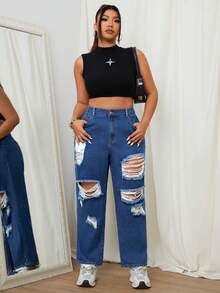 SHEIN VCAY Plus Size Casual Straight Leg Denim Jeans With Distressed Details And Slanted Pockets - Dark Wash - View 4