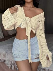 SHEIN Unity Ladies" Hollow Out Twist Knot Solid Color Cardigan For Daily Wear - Apricot - View 2