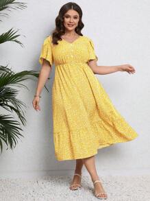 Calvaya Kích thước lớn NỮ Mùa hè Ngày lễ Phong cách In hoa Cổ chữ V Cánh hoa Ngắn tay Đầm - Màu vàng - Xem 3