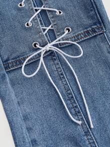 SHEIN MOD 女士時尚牛仔褲，帶系設計，裂縫剪裁，修身版型 - 淺色水洗藍 - 查看 3