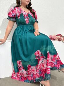 Mulvari Plus Size Váy tay phồng in hoa thanh lịch - Nhiều màu - Xem 1