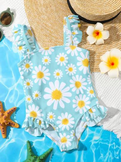 Traje de baño con estampado floral de una pieza para niña con correas gruesas, pliegues y volantes