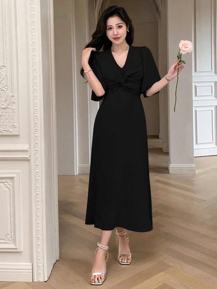Women V-Neck Long Dress With Twisted Knot