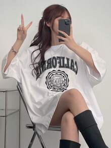 DAZY Áo thun trễ vai oversized nữ in chữ cho mùa hè - trắng - Xem 4
