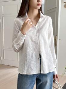 DAZY Áo kiểu công sở đơn giản màu trơn họa tiết dài tay rộng rãi cổ bẻ cho nữ, áo dài tay mùa hè - trắng - Xem 4