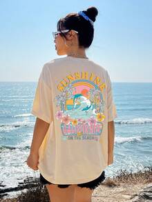 SHEIN EZwear 女士寬鬆T卹，夏季短袖海洋印花休閒T恤 - 杏色 - 查看 3