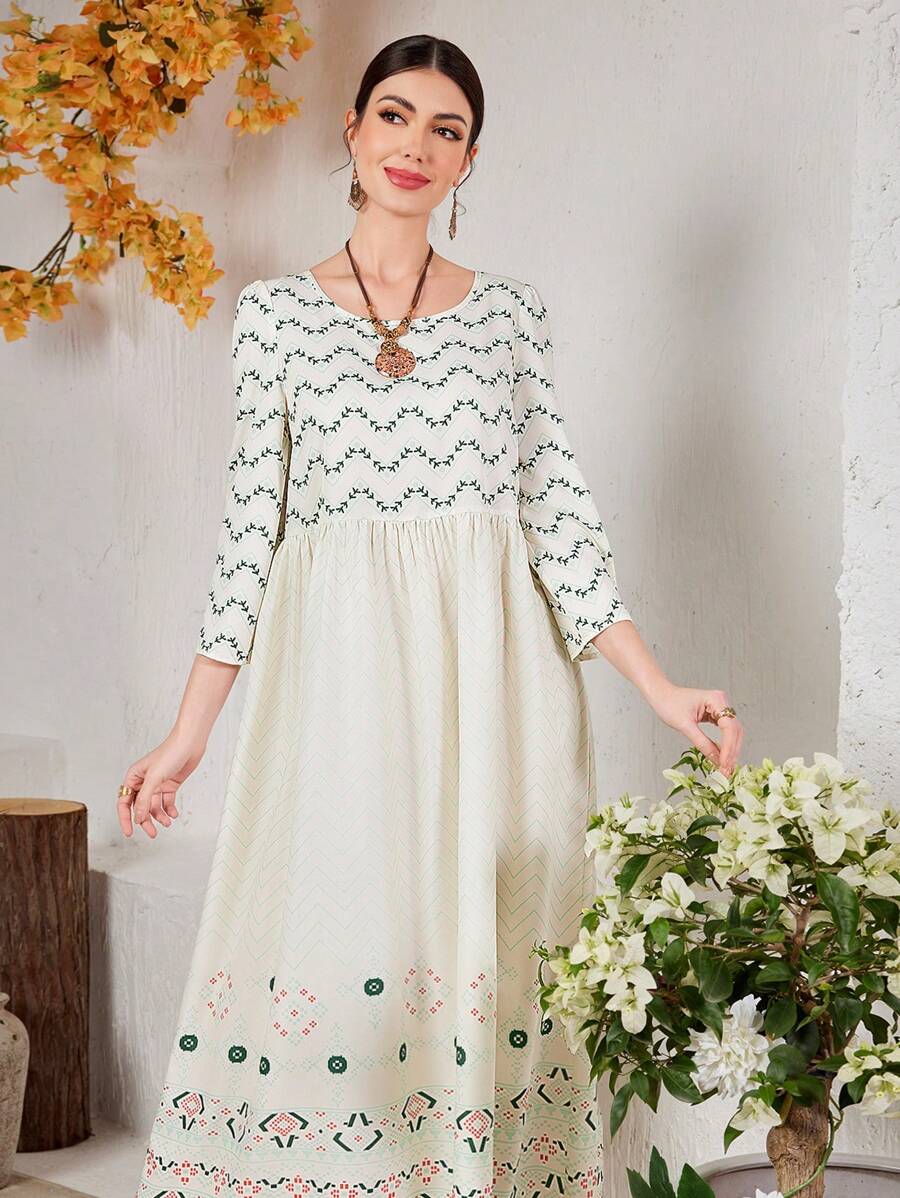 Seusyu Geometric Print Loose Casual Long Dress - Apricot - View 1