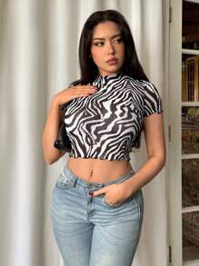 Firerie Women Stylish Zebra Pattern Perspective T-Shirt