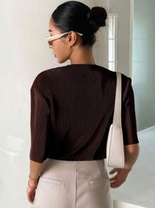 DAZY Áo thun tay ngắn xếp ly màu trơn cho nữ trong suốt - Cà phê nâu - Xem 2