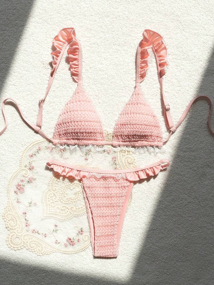 Women Solid Color Bikini Set With Sweet Ruffle Trim For Vacation Summer