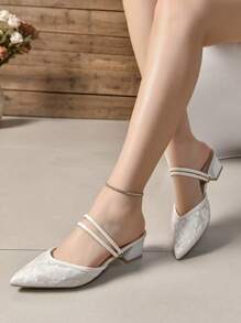 Nuevas llegadas Otoño/Invierno 2025 Sandalias de tacón grueso con punta puntiaguda y bordado, de doble uso, elegantes, tipo mule - Beis - Ver 6