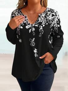 EMERY ROSE 女裝大碼花卉印花長袖t恤 - 黑色 - 查看 3