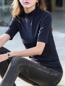 INAWLY Women Summer Solid Color Stand Collar Short Sleeve Casual T-Shirt - Royal Blue - View 4