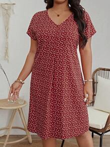 SHEIN VCAY Plus Size Printed Batwing Sleeve Dress, Perfect For Summer Vacation - Burgundy - View 1