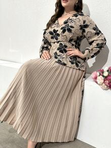 Modelyn Plus Size Women's Spring Summer Floral Printed Overlapping V-Neck Long Sleeved Ruffled Hem Dress Maxi Women Outfit Long Evening Dresses Fall Cloth For Women