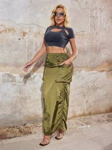 SHEIN SXY 3D立体口袋抽绳侧褶加长工装半身裙性感工装夏季女式西式服装生日单身派对音乐会俱乐部 - 墨綠色 - 查看 3