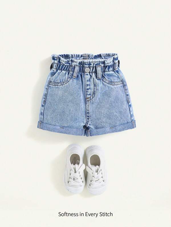 Cozy Pixies Shorts de mezclilla cómodos y casuales para niña de primavera y verano con ribete de volantes lavado estilo bohemio con bolsa en la cintura, ropa de verano