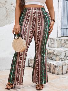 SHEIN VCAY Pantalones acampanados impresos de cintura elástica para mujer de talla grande y elegante para el verano - Multicolor - Ver 3