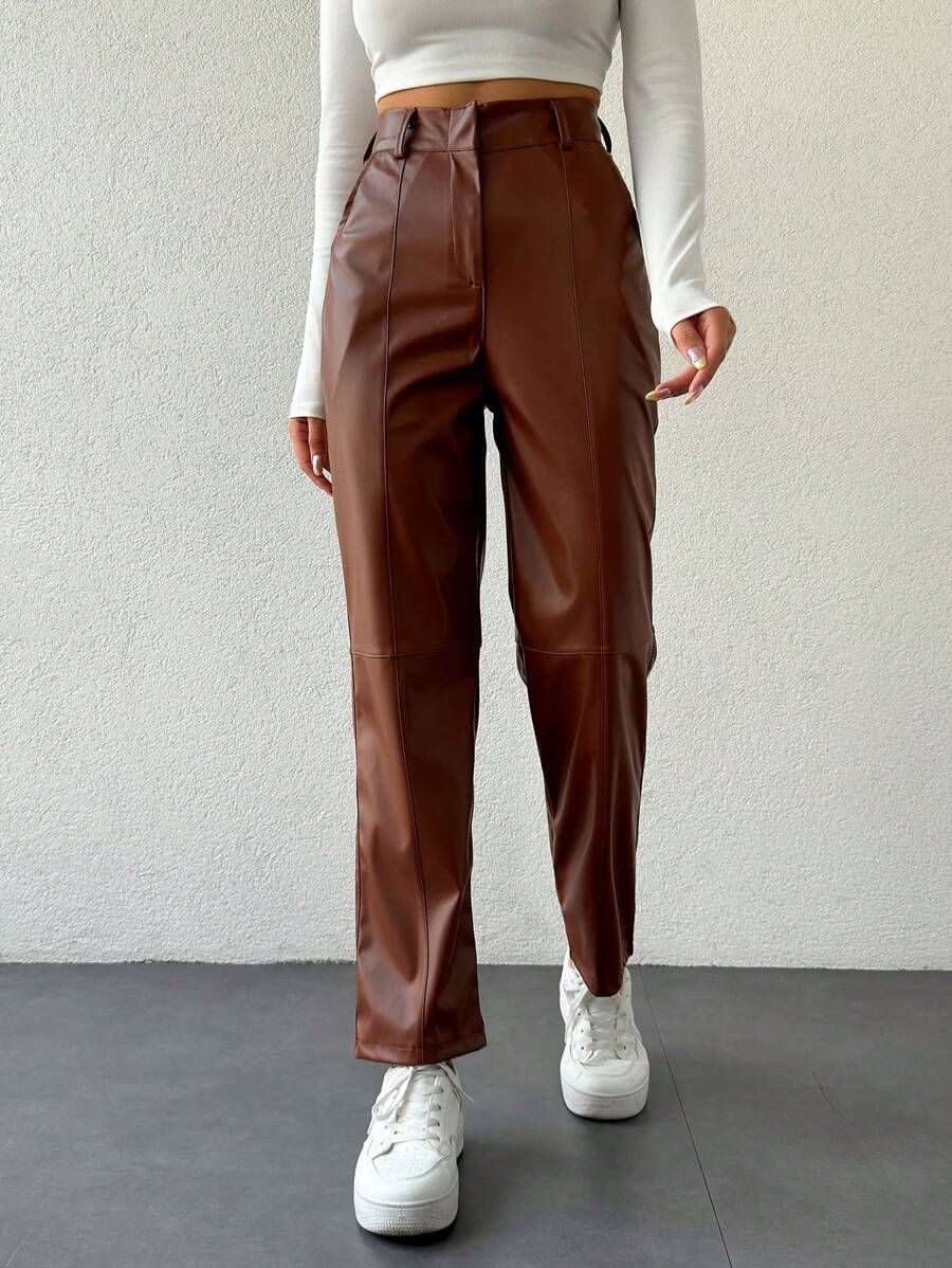 SHEIN Cottnline Women\ Solid Color Zipper Closure Long Pants - Camel - View 1