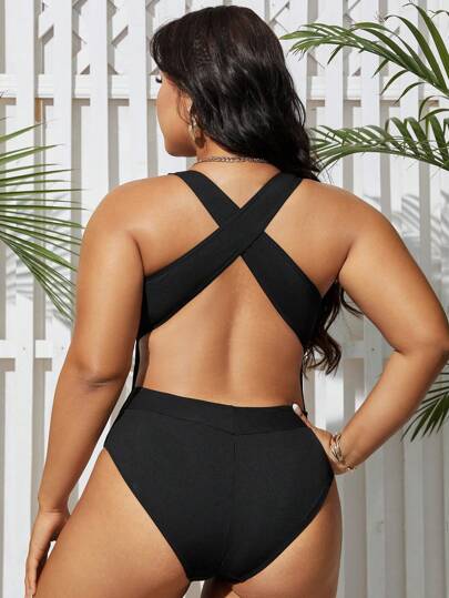 Swim SXY Plus Size Deep V-Neck One-Piece Swimsuit With Slimming Ruched Detail For Beach In Summer,Summer Beach