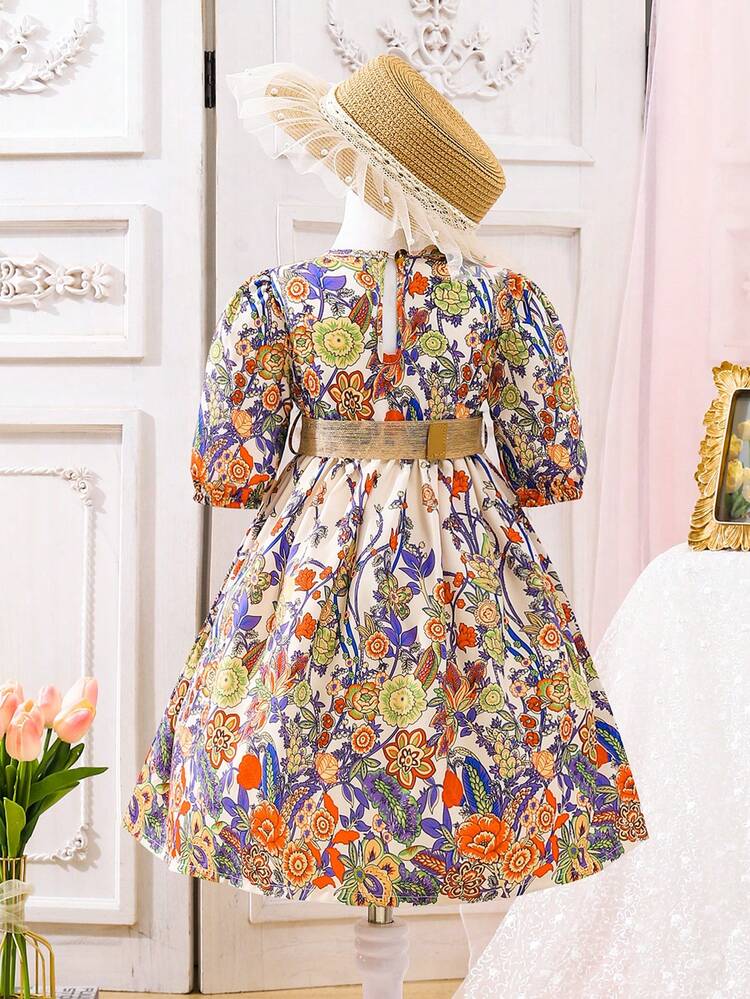 Baby Girl Colorful Floral Bohemian Style Half Sleeve Dress With Belt, Elegant And Cute