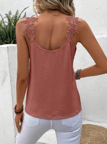SHEIN Frenchy Sleeveless Lace Patchwork Top With Textured Fabric,Women Tank Tops,Summer Tops,Summer Women Tops - Coral Pink - View 2