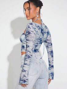 Hauture Brush Print Tie Strap Bustier Top - Black and White - View 2