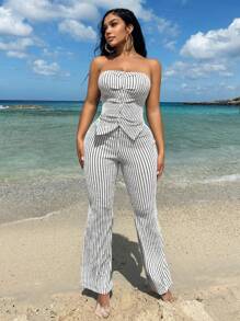 SHEIN SXY Mùa hè Quý cô Gợi cảm Kết cấu Màu xanh lá Ống ngọn Với nút & Quần loe Bộ - màu đen - Xem 5