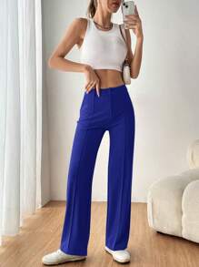 SHEIN EZwear 女式纯色牙签直筒西装裤 - 藍色 - 查看 5