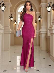 Women's Christmas Sequin Spaghetti Strap Slit Fishtail Evening Dress Wedding Elegant Spring Party - Hot Pink - View 3