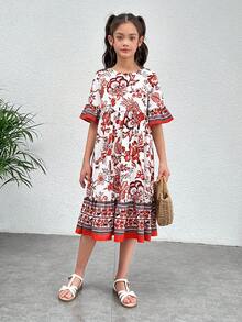 SHEIN 少女編織花卉圓領Fit-And-Flare度假洋裝 - 紅色 - 查看 4