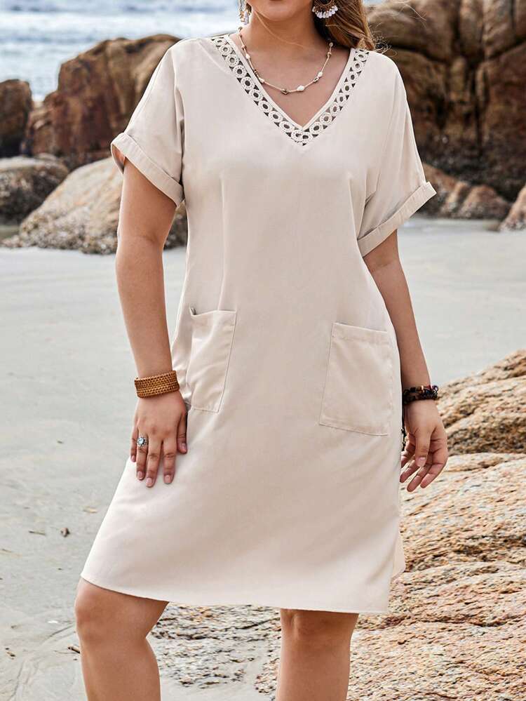 Plus Size Women's Solid Color Double Pocket Batwing Sleeve Linen Dress