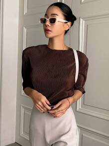 DAZY Áo thun tay ngắn xếp ly màu trơn cho nữ trong suốt - Cà phê nâu - Xem 3