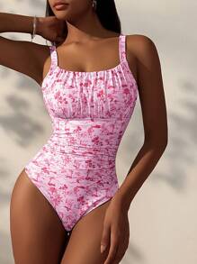 Swim Mod Summer Beach Women's Landscape Printed One-Piece Swimsuit With Spaghetti Straps - Pink - View 3
