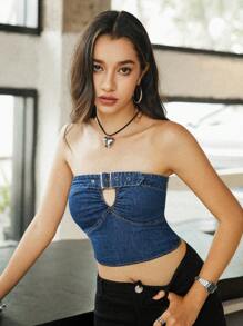 Aveloria Affinna 夏季荷葉邊無肩丹寧短上衣