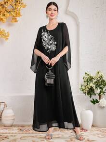 Al Najma 女士圓領網紗拼接休閒寬鬆阿拉伯長袍裙 - 黑色 - 查看 6