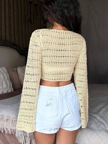 SHEIN Unity Ladies" Hollow Out Twist Knot Solid Color Cardigan For Daily Wear - Apricot - View 3