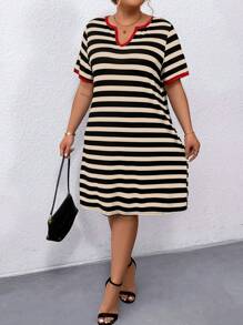 Plus Size Casual Short Sleeve Striped Contrast Color Edging V-Neck Dress For Summer - Multicolor - View 3