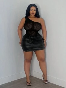 Slaydiva 大碼優雅性感透視單肩豹紋絨面連身衣，適用於派對和聚會 - 黑色 - 查看 6